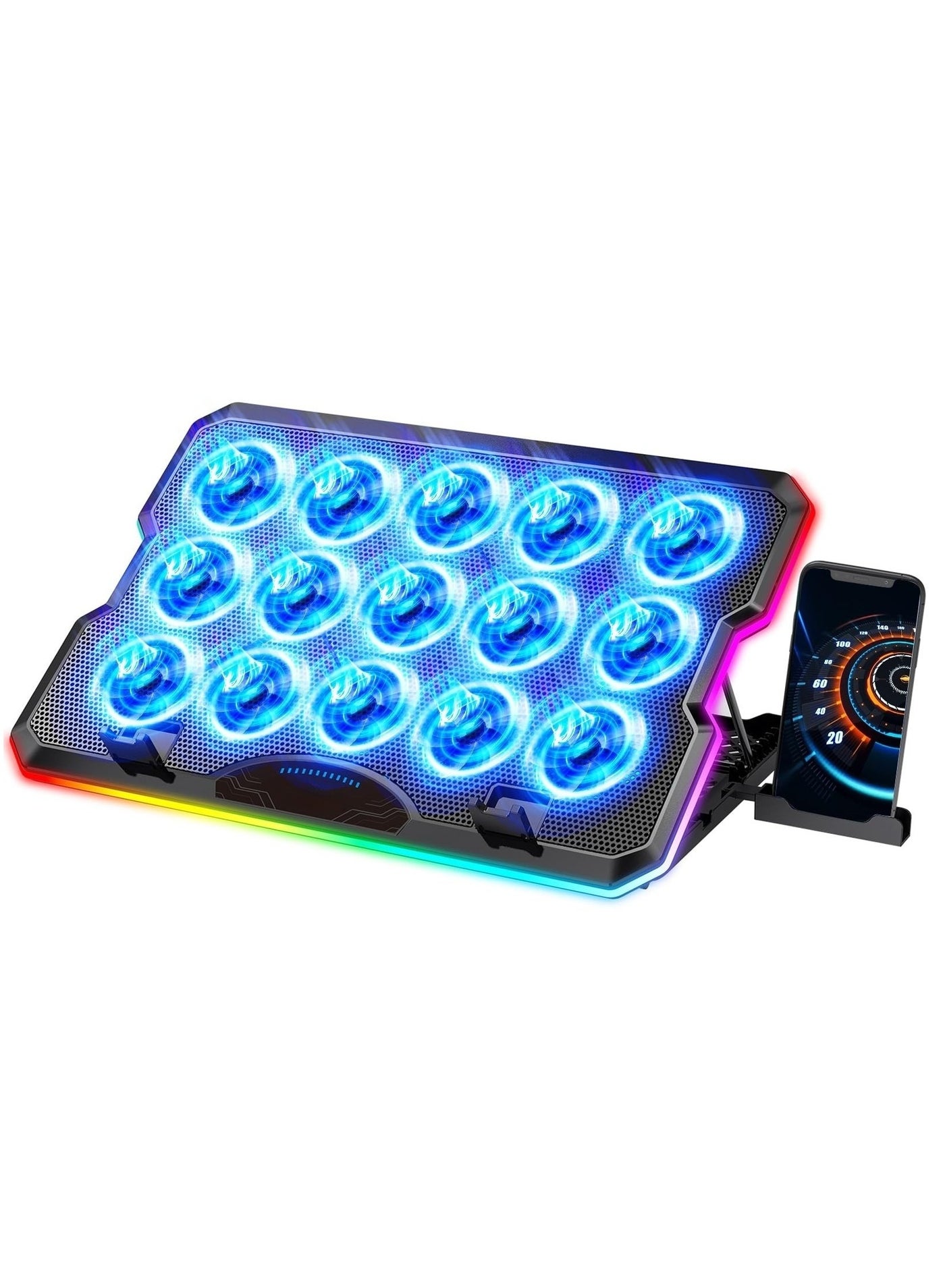 Compare Laptop Cooling Pad, Gaming Laptop Cooler with 15 Quiet Fans for 1217.3 Inch Notebook, Slim Portable RGB Laptop Cooling Stand with 7 Height Adjustable,2 USB Ports, Phone Stand at KSA Price
