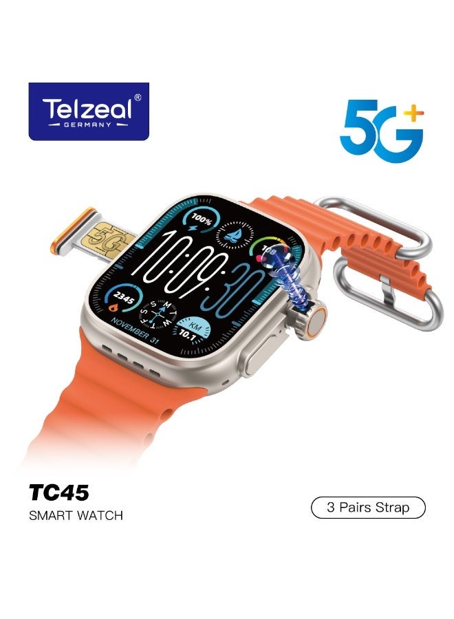 Compare Telzeal TC45 5G+ Smart Watch 2.2 Inch HD Display With 8MP Camera Sim Card Support and 3 Pair Straps Designed for Ladies and Gents Silver at KSA Price