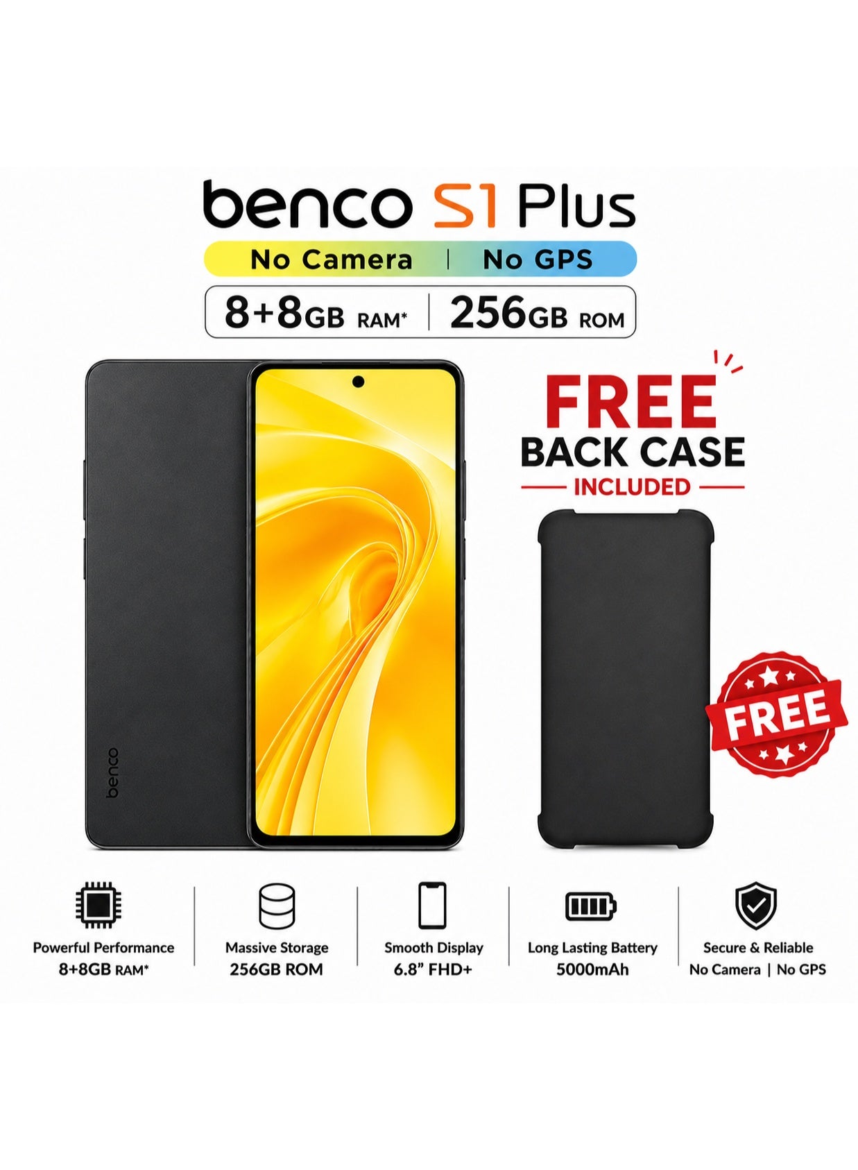 Compare Benco S1 Plus No Camera No GPS Smartphone 8GB+256GB Dark Grey with FREE Back Case at KSA Price