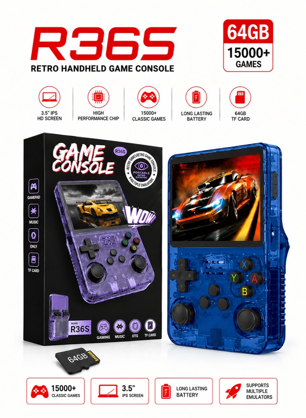 Compare YJ R36S Retro Game Console Handheld, 15000+ Preloaded Games, 3.5 IPS HD Screen, 3500mAh LongLasting Battery, Dual Joysticks, Portable Retro Gaming Device for Kids & Adults, Supports PS1GBASNES, Blue at KSA Price