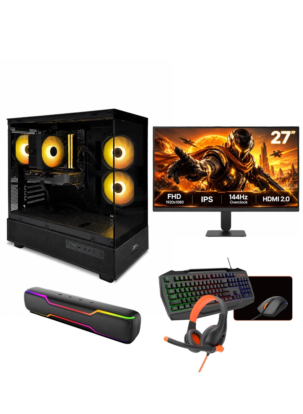 Compare Gaming PC Bundle  Intel Core i514400F, NVIDIA RTX 5050 8GB, 16GB RAM, 1TB NVMe SSD, 27 FHD 144Hz Monitor, Keyboard, Mouse, Headset, Soundbar, WiFi, Bluetooth, Windows 11 Pro, Black at KSA Price