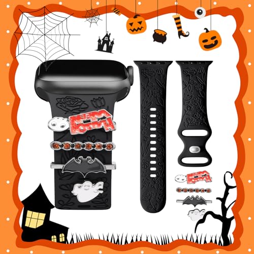 Compare DaQin Halloween Engraved Band Compatible with Apple Watch Bands for Women 40mm 38mm 41mm 42mmSoft Silicone Strap With Dressy Decorative Apple Watch Charms for iWatch Series 11 10 9 8 7 6 5 4 3 2 1 SE at KSA Price