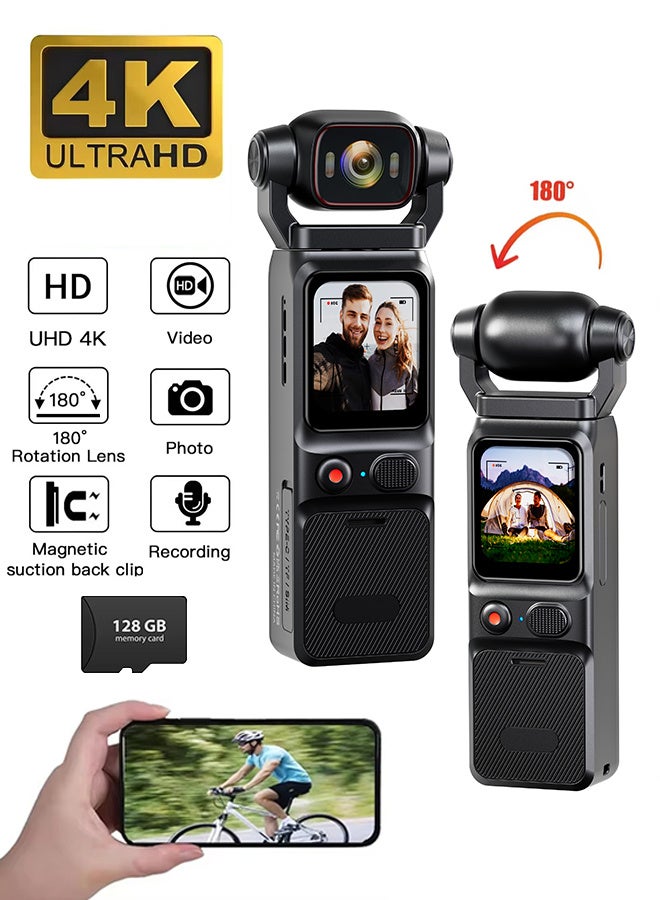 Compare 4K Pocket Camera, 3000mAh Battery, 6Axis Stabilizer Action Camera,1.6inch Touch Screen Body Camera, 160° Rotatable Large Wide Angle,180Degree Rotating Lens, included 128G Card, for Outdoor Riding Diving Shooting Vlog at KSA Price