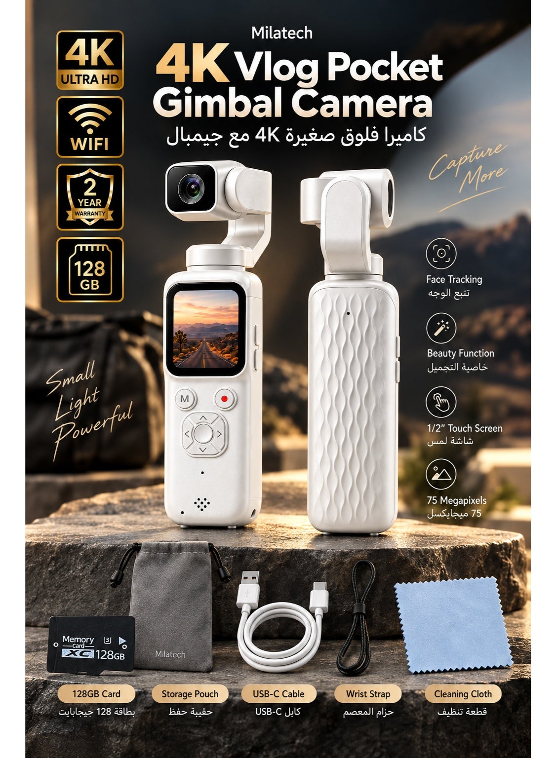 Compare Premium 75MP 4K Pocket Vlogging Camera with Sony CMOS Sensor&Lens, New inspired Imaging Algorithm, Metal Body, Large Battery, 330° Rotating Lens, WiFi, Face Tracking, Touch Screen, 128GB TF Card at KSA Price