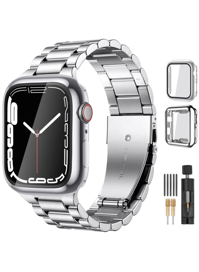 Compare Compatible for Apple Watch Band 40mm 41mm 38mm 44mm 42mm 45mm 49mm,Stainless Steel Metal Band for Apple with 2 Pack Protective Case for iWatch Series 987654321SEUltra Men Women Sliver at KSA Price
