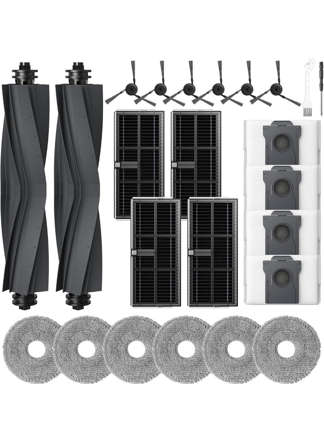 Compare 24pcs Replacement Parts Accessories for Dreame X40 Ultra L40 UltraX40 Master D30 Ultra, for MOVA P10 Pro Ultra Gen 2 P50 Pro Ultra, 2*Rubber Main Brushes, 4*Dust Bags, 6*Mop Pads, 4*Filters, 6*Side Brushes, 2 Tools at KSA Price