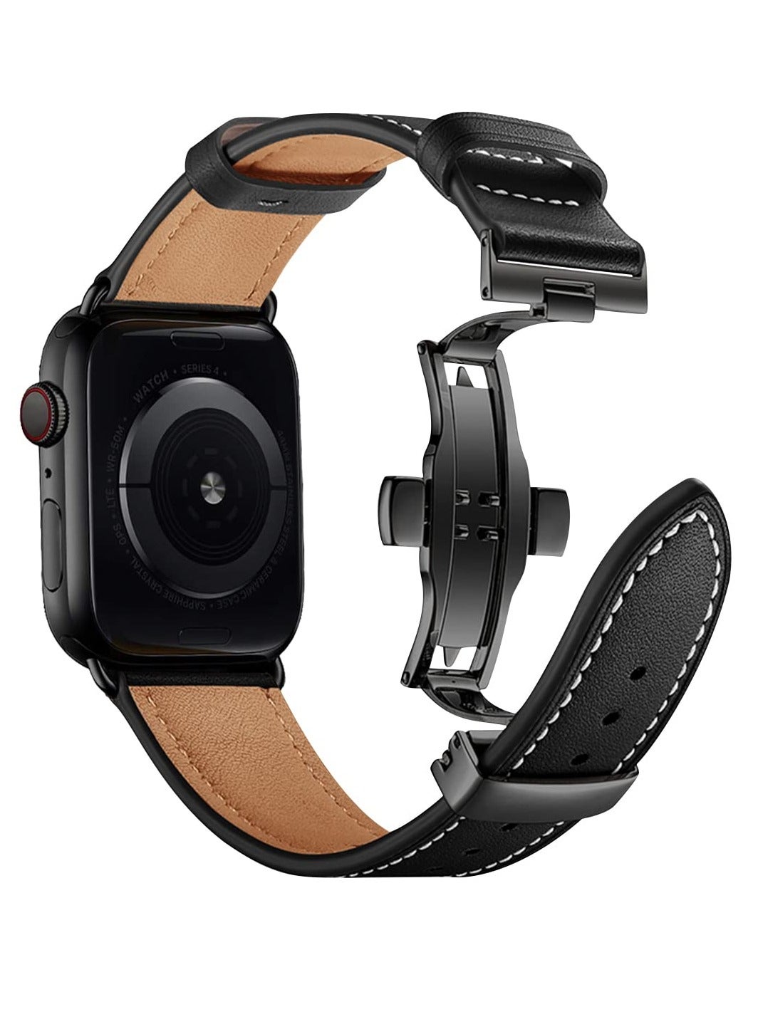 Compare Genuine Leather Band for Apple Watch Premium Quality Strap with Butterfly Clasp for Men Compatible with iWatch SE Series 9 8 7 6 5 4 3 2 1or Ultra Ultra 2 Black Compatible All Series of iWatch at KSA Price