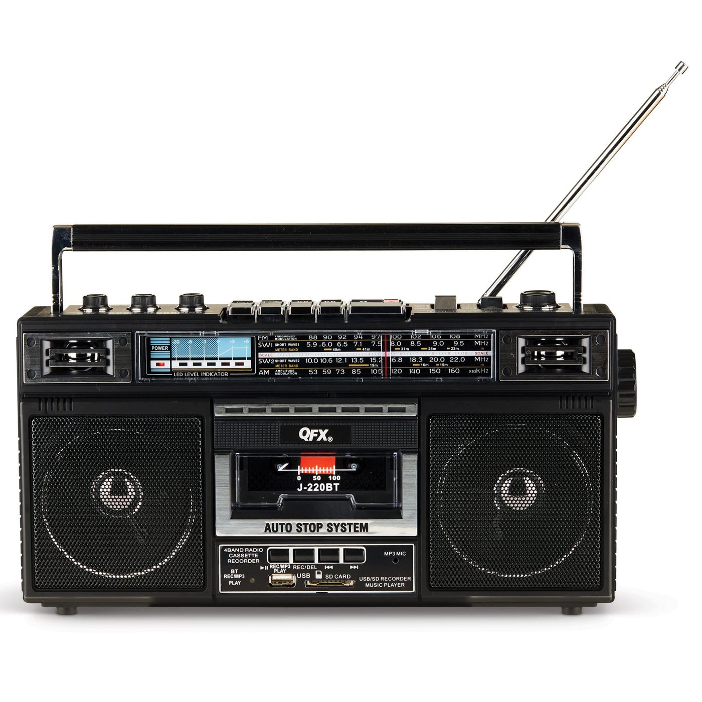 Compare QFX J220BTTQ Aqua Turquoise Boombox MP3 Conversion from Radio to Cassette with 4Band AM, FM, SW1, SW2 Radio with Bluetooth, Dual 3” Speakers, Builtin Microphone, Recorder, and a 3Band Equalizer at KSA Price