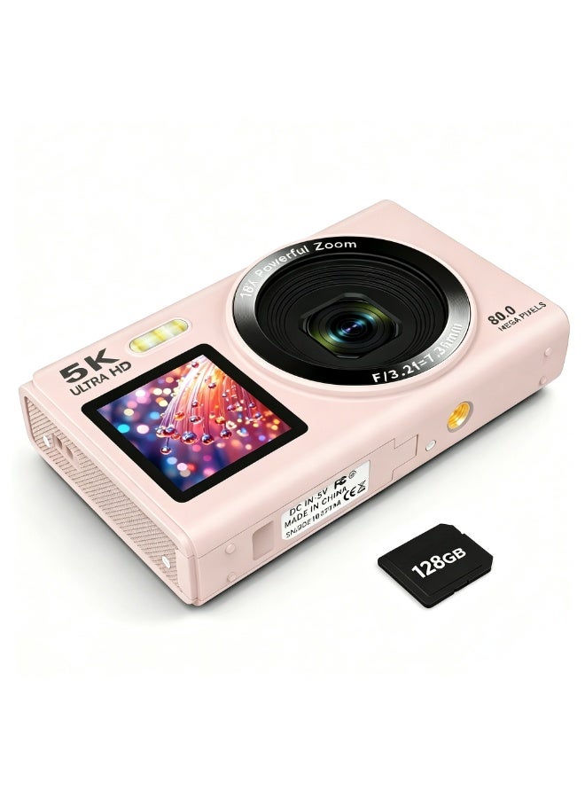 Compare Digital camera, 5K portable digital camera, equipped with 128GB SD card,with 3inch flip screen for vloggers, 18x digital zoom childrens camera, suitable for boys and girls, pink at KSA Price
