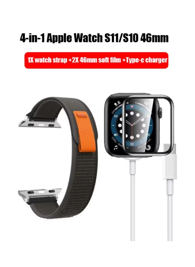 Compare 4in1 Apple Watch S10S11 46mm set, gapless nylon bracelet and 3D curved soft film +TypeC Watch charger for Apple Watch S11S10 46mm at KSA Price