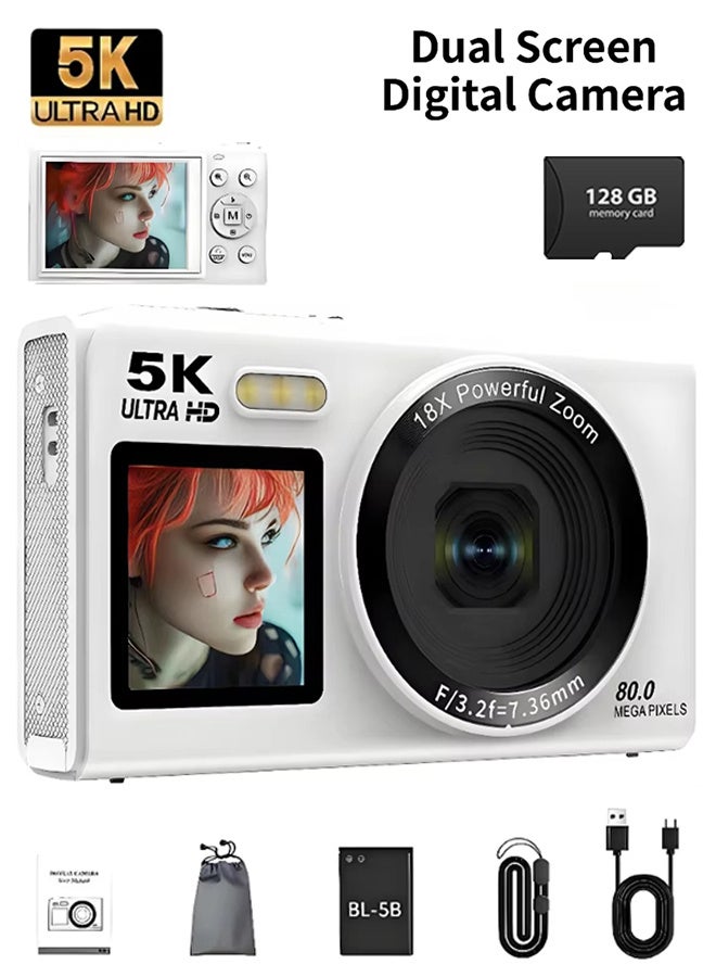 Compare 5K Digital Camera, 80MP CCD Autofocus Camera, 18X Zoom, 2.8inch Screen, WiFi Supported Video Recording Camera, Suitable for YouTube Video Creation, Equipped with 128GB Storage Card And Flash ,For kids Gifts at KSA Price