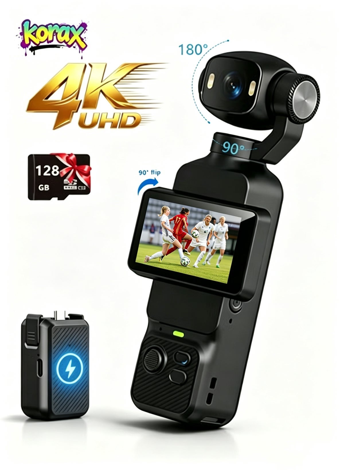 Compare 4K Pocket Gimbal Camera with Charging Handle Case, 3Axis Rotatable Action Cam, Lens 180° Horizontal & 90° Vertical Flip, 90° Rotatable Touch Screen, Portable Handheld Vlog Video Camera for Travel Shooting，and with 128G card at KSA Price