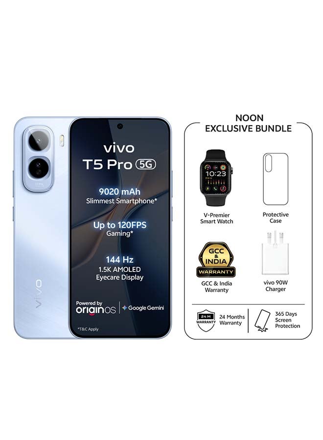 Compare T5 Pro 5G AI Dual SIM Blue 12GB 256GB With Exclusive Gifts: Smartwatch, 90W charger, Protective Cover, 4year free battery replacement And 24 Months Warranty + 1 Year Screen Replacement  Middle East Version at KSA Price