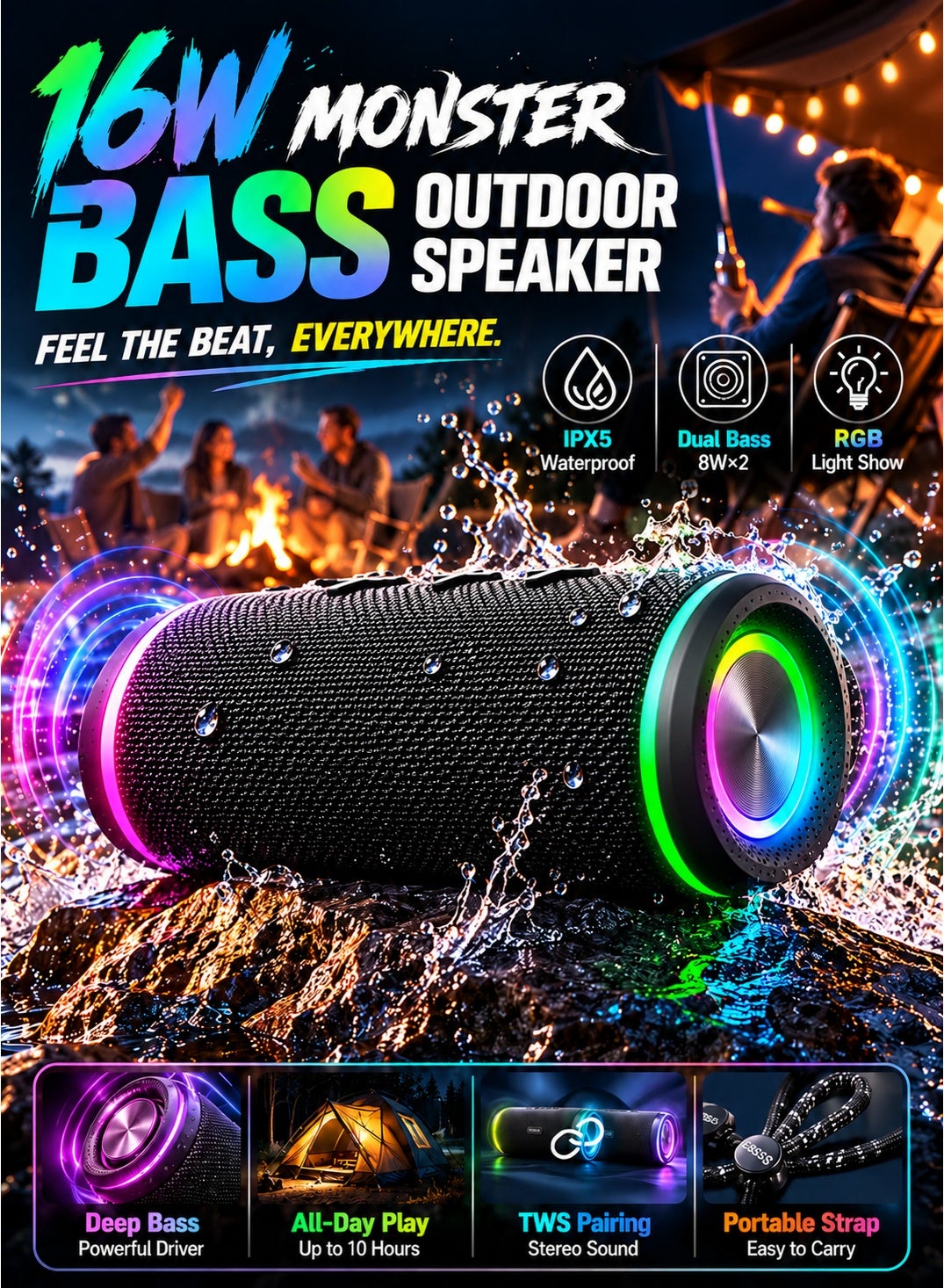 Compare Bluetooth Speaker with Double Passive Radiators, ABS Silicone Rugged Portable Speakers with TF Card Slot, Heavy Bass Audio Core Speaker Style Home Audio, Speaker Bluetooth for Car & Travel at KSA Price