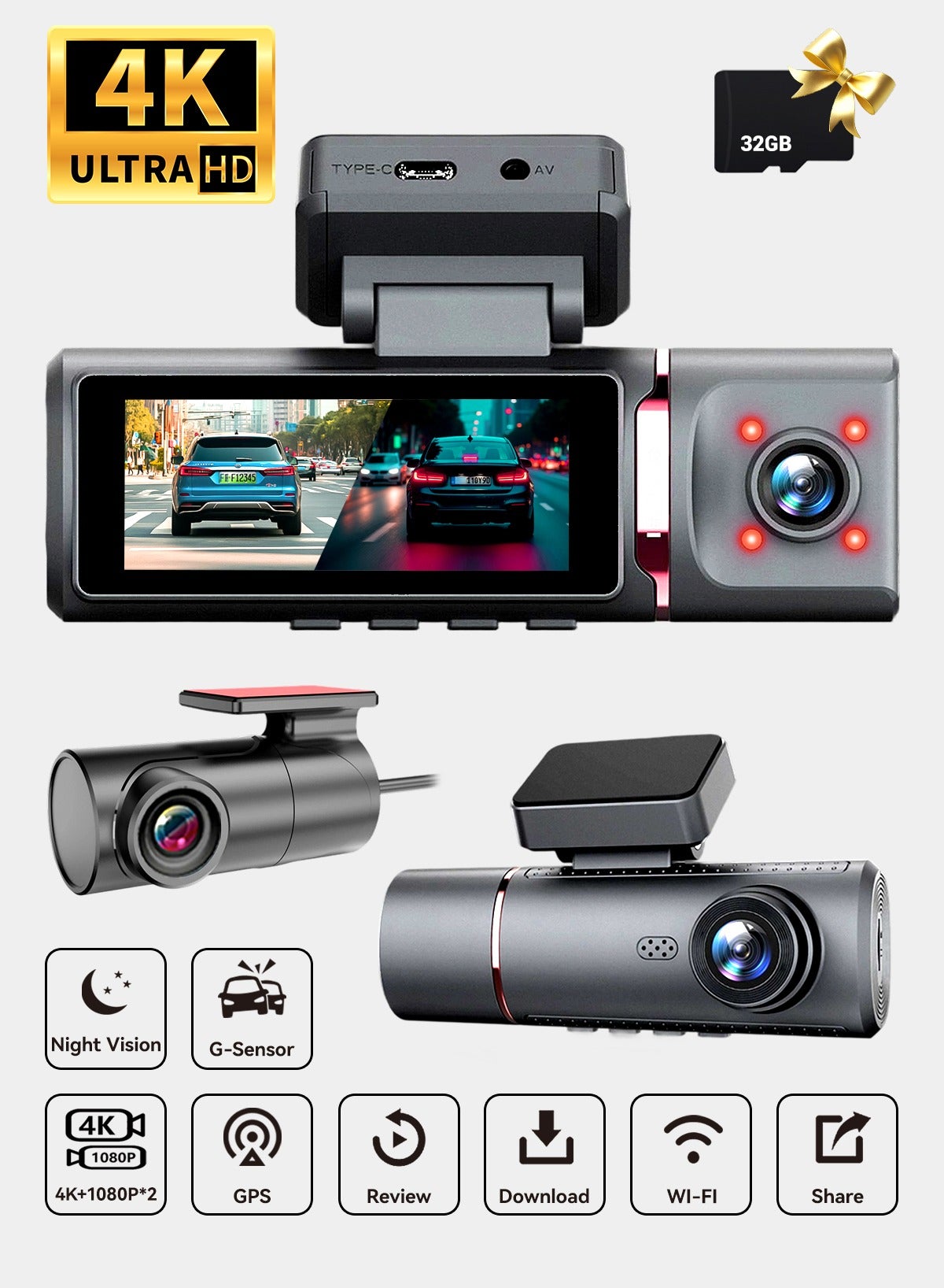 4K Dash Cam Ultra HD 3Inch IPS 1080p Interior…