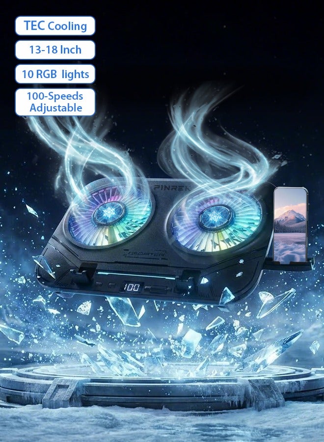 Compare Ultra Slim Laptop Cooling Pad, TEC Semiconductor Cooling Gaming Notebook Cooler Stand with Dual 14cm Quiet Fans, Multiple RGB Iights, Support 100Speeds Infinitely Adjustable, Efficient Cooling, LCD Display, Five Height Settings, Builtin Phone Holder, USB C Powered, Portable Adjustable Stand for 13–18 Work Laptops at KSA Price