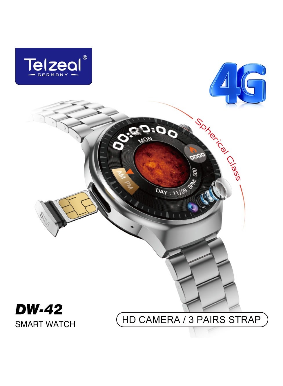 Compare Telzeal Germany DW42 4GB+64GB,  1.53 Inch Full Curved Display, 4G Smart Watch,With Sim Slot,Front Camera and 3 Pair Straps For Gents and Boys at KSA Price