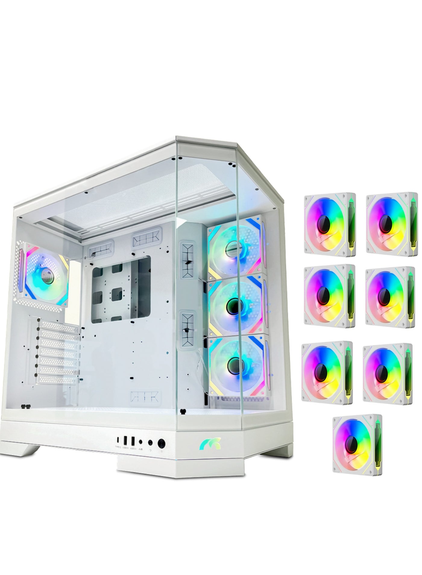 Compare Tortox Prism Triple Glass Panel ATXMATX Gaming PC Case with 7*ARGB PWM Fans, TypeC USB Port, Supports 360MM Radiator, 7 Expansion Slot, Included GPU stand Gaming Case at KSA Price