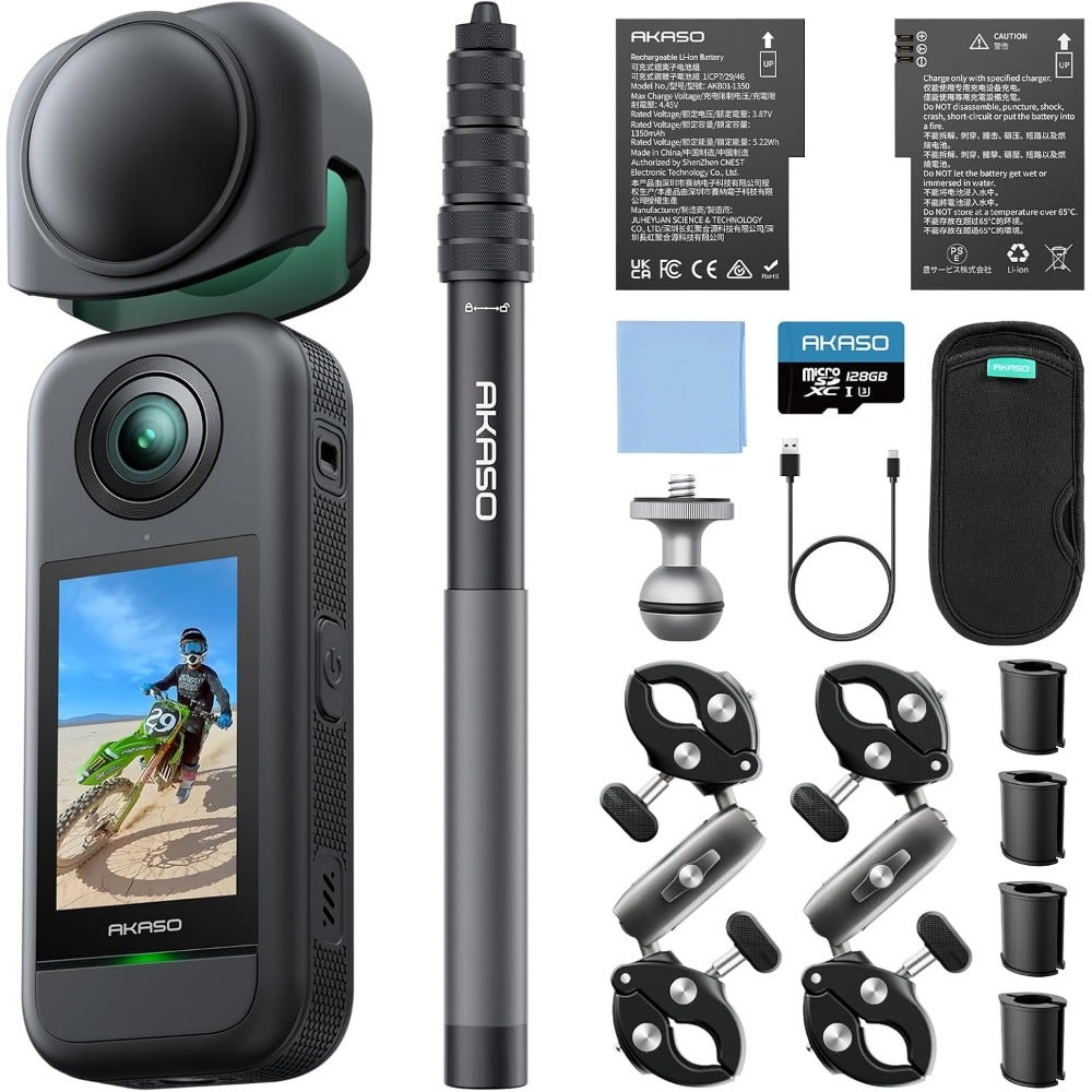Compare 360 Action Camera for outdoor sports, weatherproof aluminum alloy body, black, 5.7K 360 video, 72MP photo, 360SuperSmooth stabilization, Horizon Lock, AI tracking, includes 128GB MicroSD at KSA Price