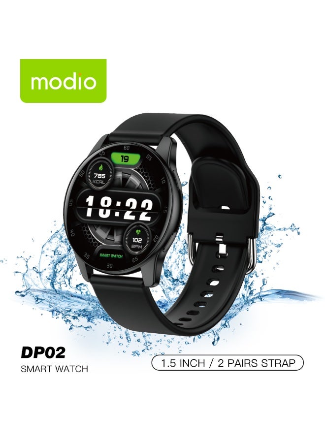 Compare Modio DP02 Waterproof Smartwatch with 1.5Inch Curved Display Bluetooth Calling 2 Pair Straps and Charging Cable Designed for Ladies and Gents Black at KSA Price