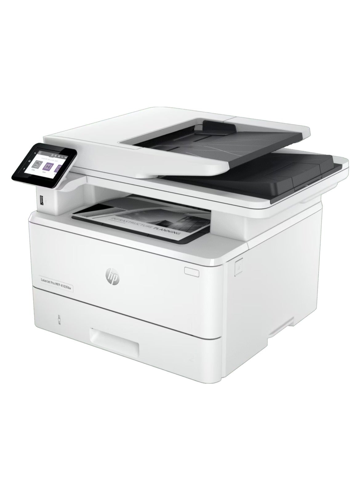 Compare LaserJet Pro MFP 4103fdw Printer 2Z629A Print, copy, scan, fax Up to 40 ppm A4 Monochrome in black only wireless printer White at KSA Price