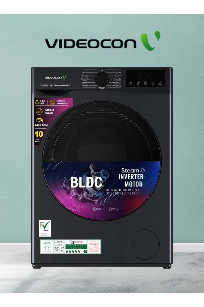 Compare Videocon 10Kg Front Load Washing Machine, BLDC Inverter Motor, 1400 RPM, 12 Wash Programs, Steam & Express Wash, Delay Timer, Child Lock, Energy Efficient & Ultra Quiet VWM101BF at KSA Price