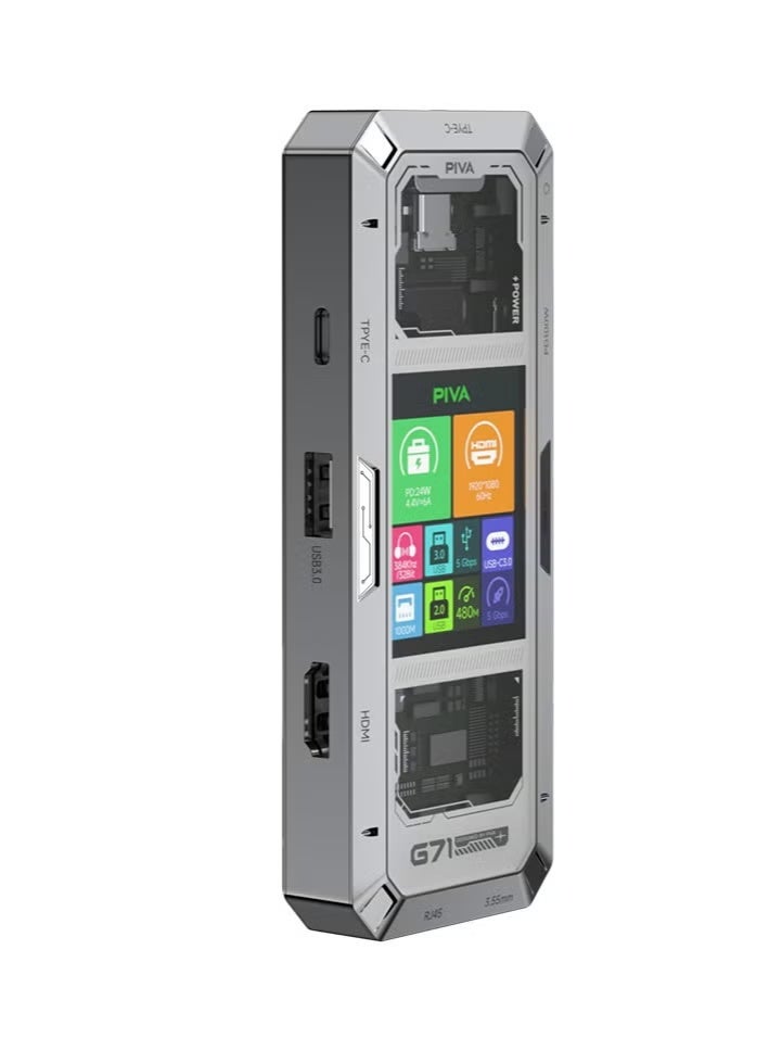 Compare PIVA G71 is a 7in1 multifunctional aluminum metal docking station designed for gamers and office workers. It features a smart display for an advanced technology experience. It has two USB 3.0 ports, an HDMI 2.0 port, a Gigabit Ethernet port, and a 3.5mm audio interface. It also supports PD100W fast charging, ensuring diverse connections and efficient performance. at KSA Price