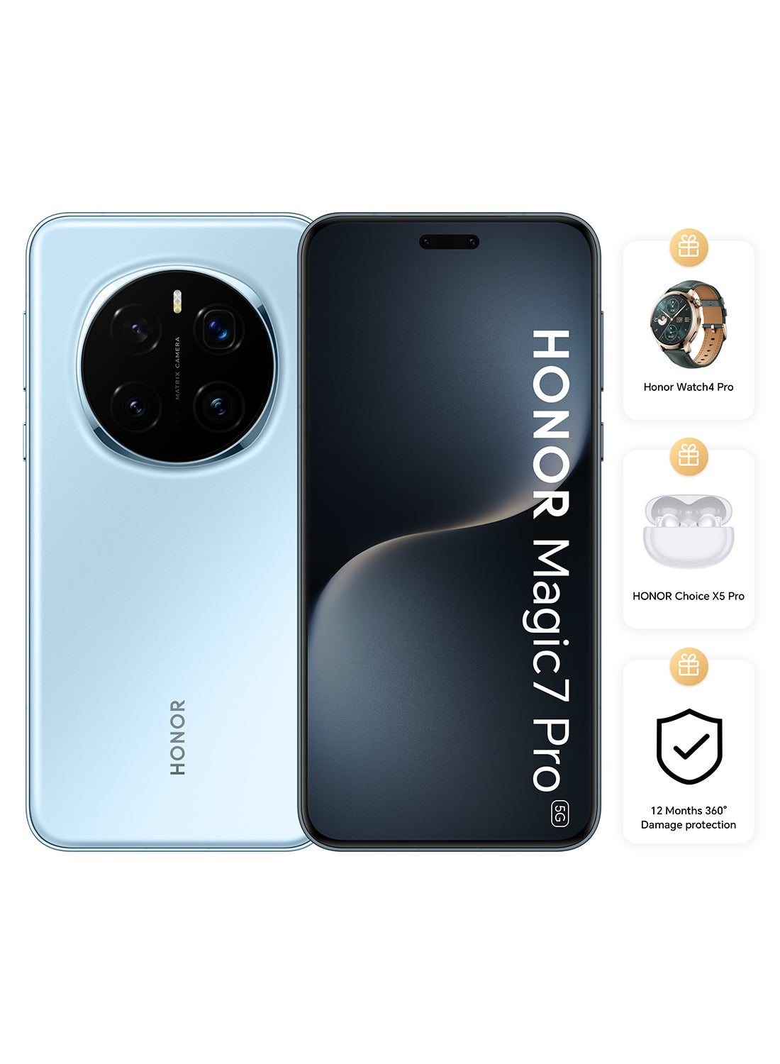 Compare Magic 7 Pro Dual SIM 5G Breeze Blue 12GB RAM 512GB With Honor Watch 4 Pro + X5 Pro Earbuds + 12 Month 360° Damage Protection  Middle East Version at KSA Price