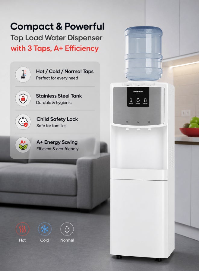 Compare TORNADO Top Loading Water Dispenser with Bottom Cabinet, Hot, Cold & Normal 3 Taps, White  TWDL3T3REW  1Year Free Warranty TWDL3T3REW white at KSA Price