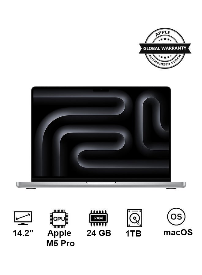 Compare New 2026 MacBook Pro MGDN4 | 14.2 Inch Display | M5 Pro Chip 15Core CPU 16Core GPU | 24GB RAM Unified Memory | 1TB SSD | macOS | EnglishArabic Silver at KSA Price