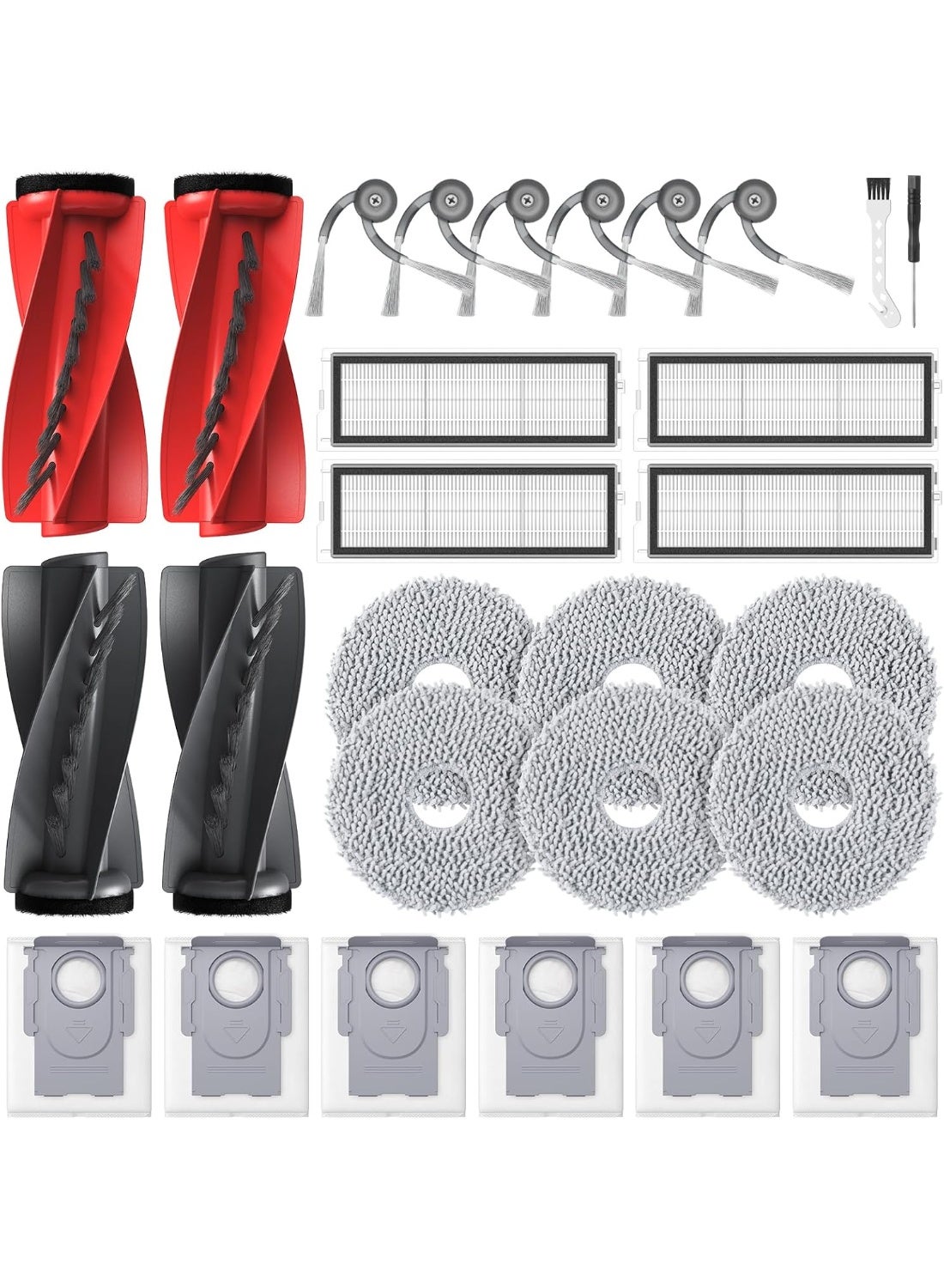 Compare 28pcs Replacement Parts for Roborock Qrevo S5V  CurvEdgeEdge S5A  Curv S5X, Accessories include 4* Main Brush, 6*Mop Pads, 6*Vacuum Bags, 4*Hepa Filters, 6*Side Brush, 2*Cleaning Tool at KSA Price