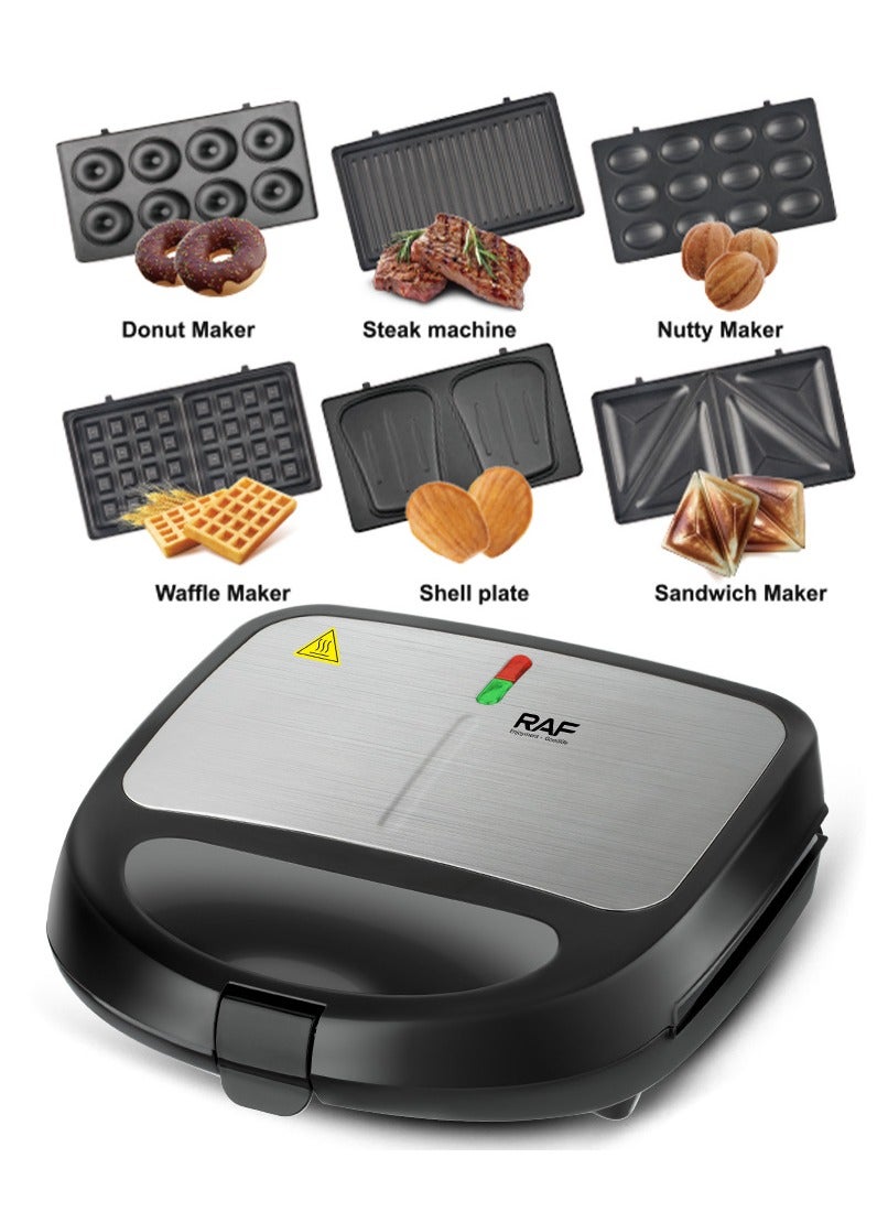 Compare RAF Sandwich Maker – 850W 6in1 MultiFunction Toaster with Interchangeable Plates for Sandwiches, Waffles, Donuts, Grilling & More, NonStick, Easy Clean at KSA Price