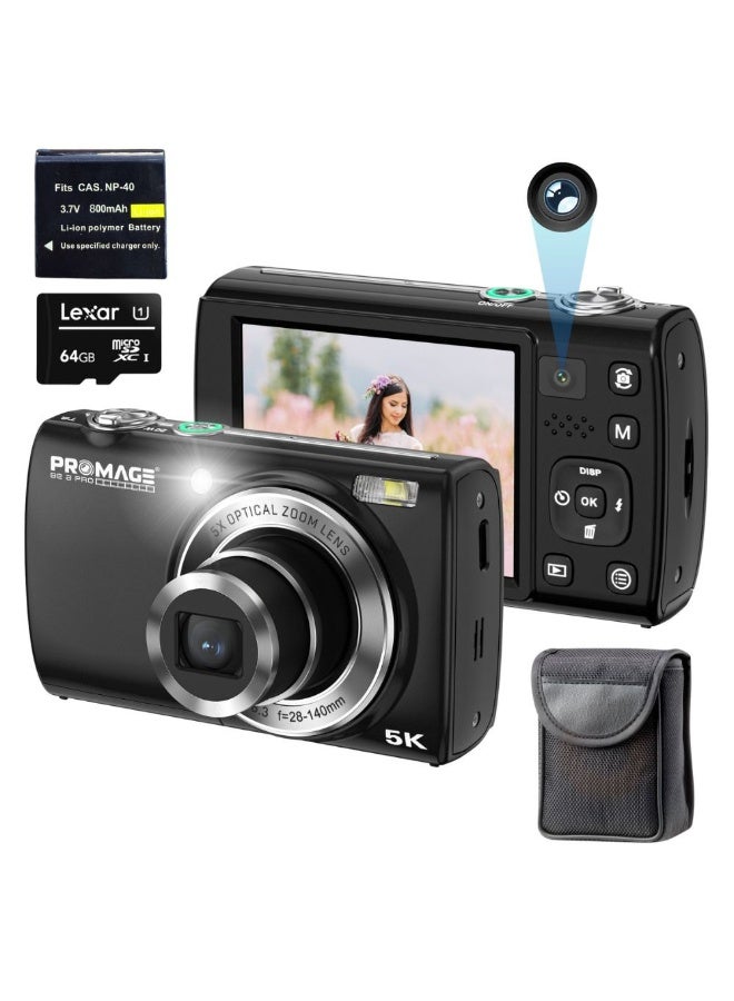 Promage 5K Small Digital Camera Black Dual Lens…