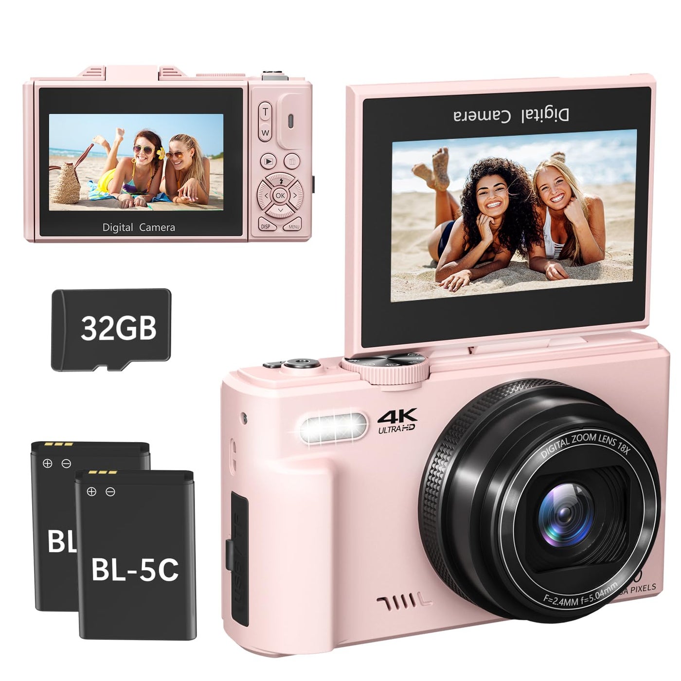 Compare 4K Digital Camera for Photography, 64MP Compact Vlogging Camera with WiFi and 3 180Â° Flip Screen, 18X Digital Zoom, Ideal for YouTube Creators, Includes 2 Batteries & 32GB Micro SD Card, Pink at KSA Price