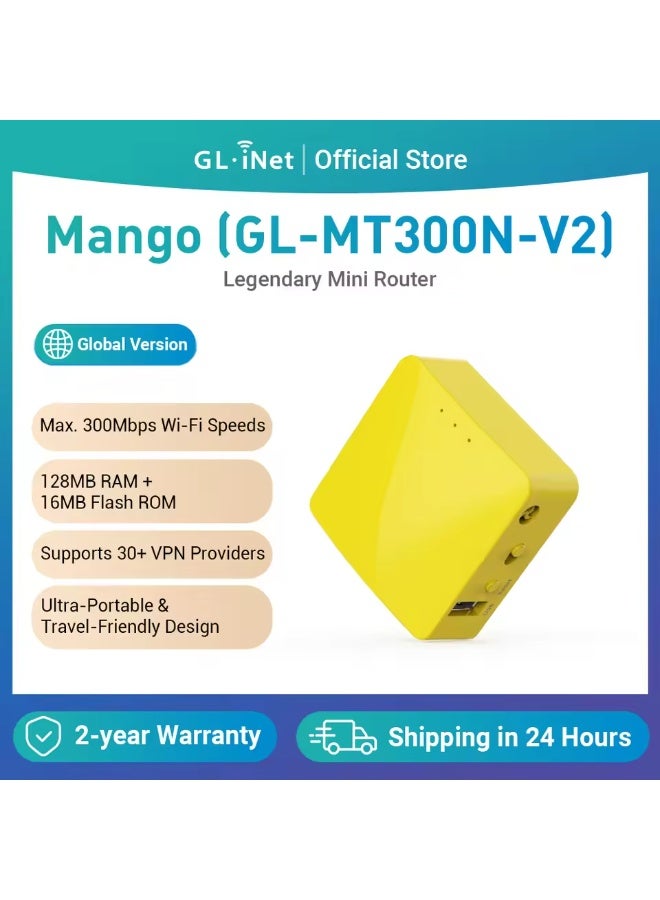Compare GL.iNet GLMT300NV2 Mango Portable Mini Travel Wireless Pocket VPN WiFi Router – 2× Ethernet Ports | USB 2.0 | OpenWrt | OpenVPNWireguard for Public & Hotel WiFi | Easy to Set up via Admin Panel at KSA Price