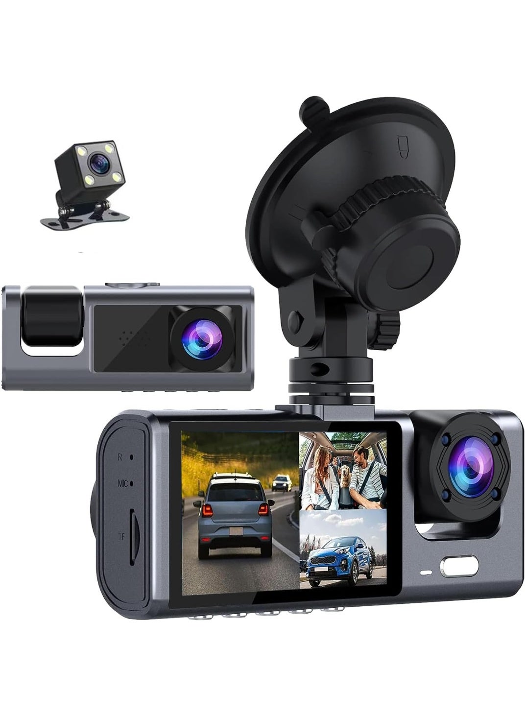 Compare Dash Cam Front and Rear Inside 1080P Full HD – 3 Channel Car Camera with 32GB Card, 170°+130°+120° Wide Angle, IR Night Vision, 24H Parking Monitor, GSensor, Loop Recording, for CarsTaxi at KSA Price