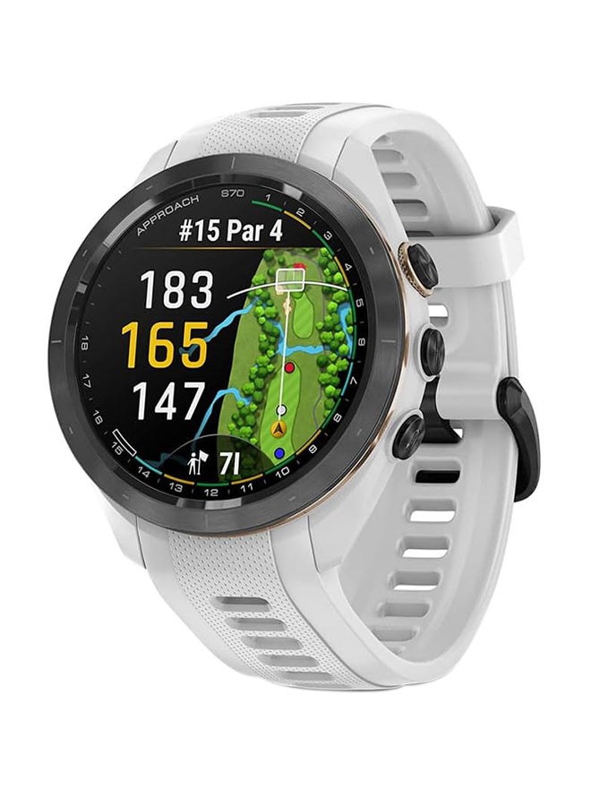 Compare Approach S70  42MM  Up To 10 Days Battery Life   1.2inch Amoled Display, Scratch Resistant, Corning® Gorilla® Glass 3, Heart Rate Monitor, All Day Stress Monitor, Advanced GPS Features, Advanced Golf Features and Dedicated Sports App, iOS and Android Compatible BLACK CERAMIC BEZEL WITH WHITE SILICONE BAND at KSA Price