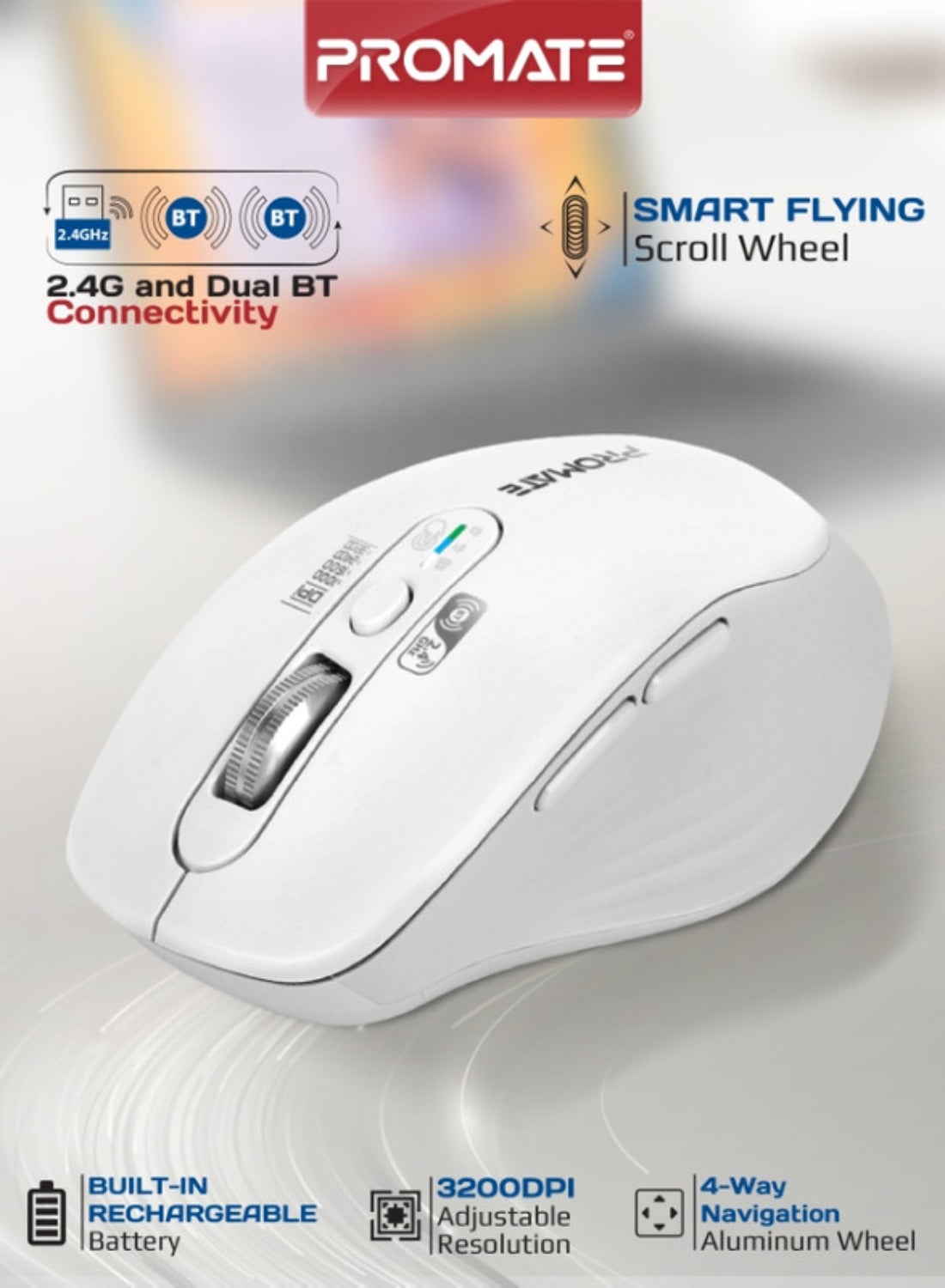 Promate SamoTri Rechargeable Wireless Mouse, Tri-Mode,…