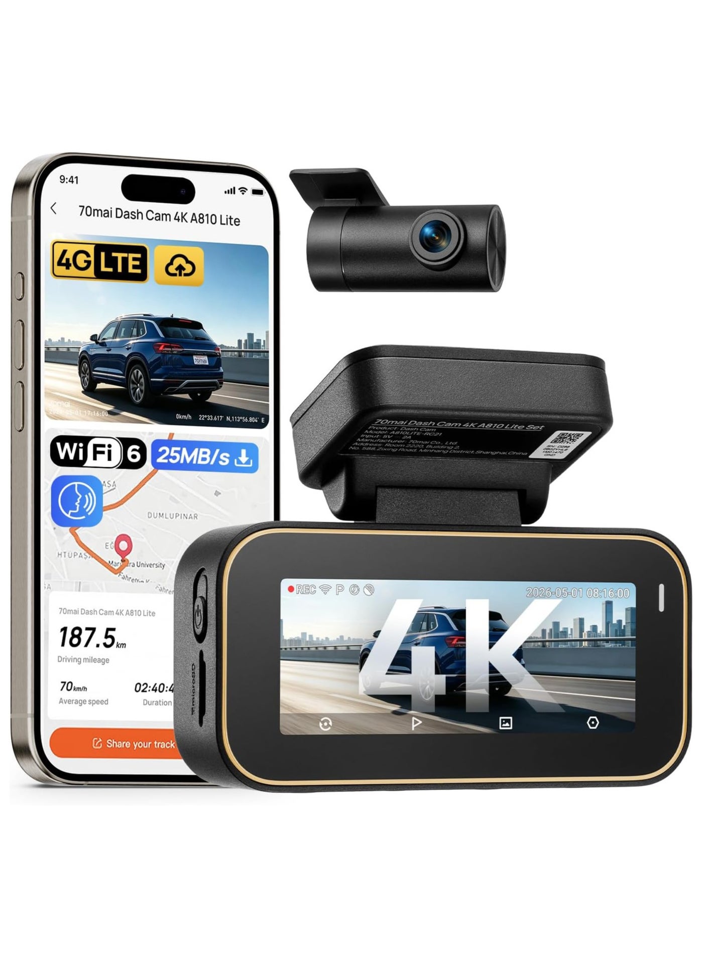 70mai 4K Dash Cam A810 Lite Set,Front and…
