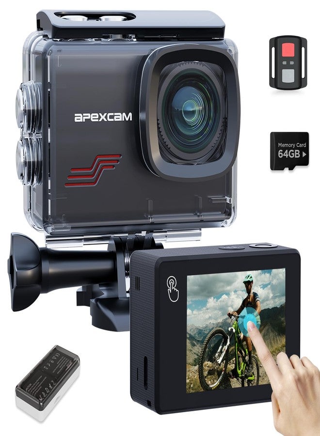 Compare Apexcam Action Camera 4K Touch Screen, 131FT Waterproof Camera Underwater, 60FPS 64MP Sports Camera Helmet for Vlog, 170 ° WiFi Camcorder, 8X Zoom, Remote Control, 64GB Card,Mount Accessories at KSA Price