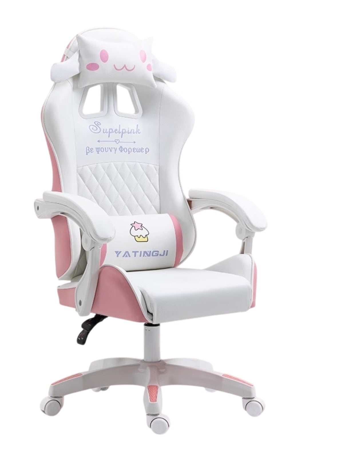 White & Pink Cartoon Gaming Chair Ergonomic Comfort…
