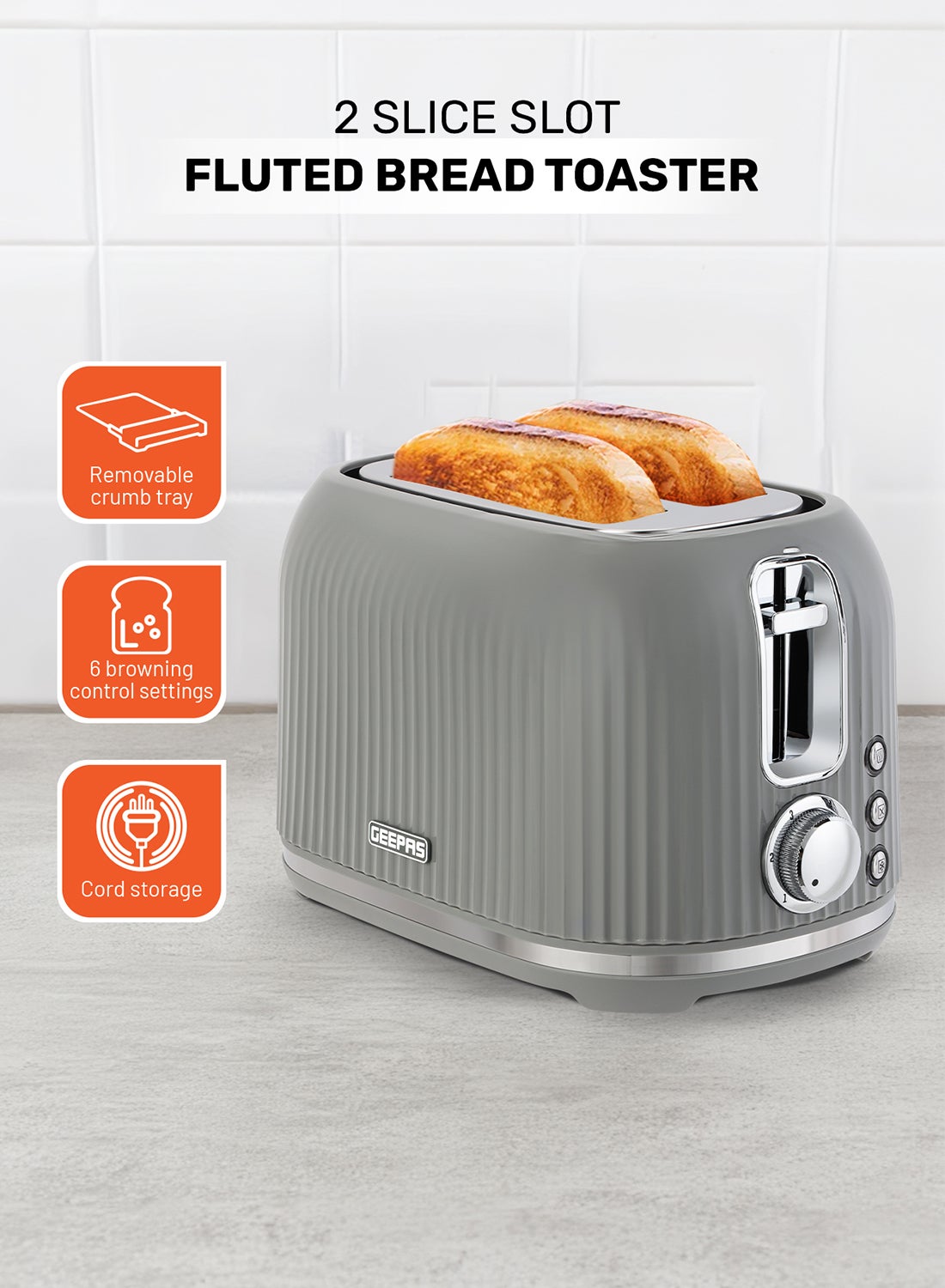 Compare Geepas Fluted Bread Toaster 2 Slice Slot| 6 Adjustable Browning Control and Removable Crumb Tray| Defrost and Reheat Button| 2 Years Warranty|GBT36558GR, Grey 850 W GBT36558UKGR Grey at KSA Price