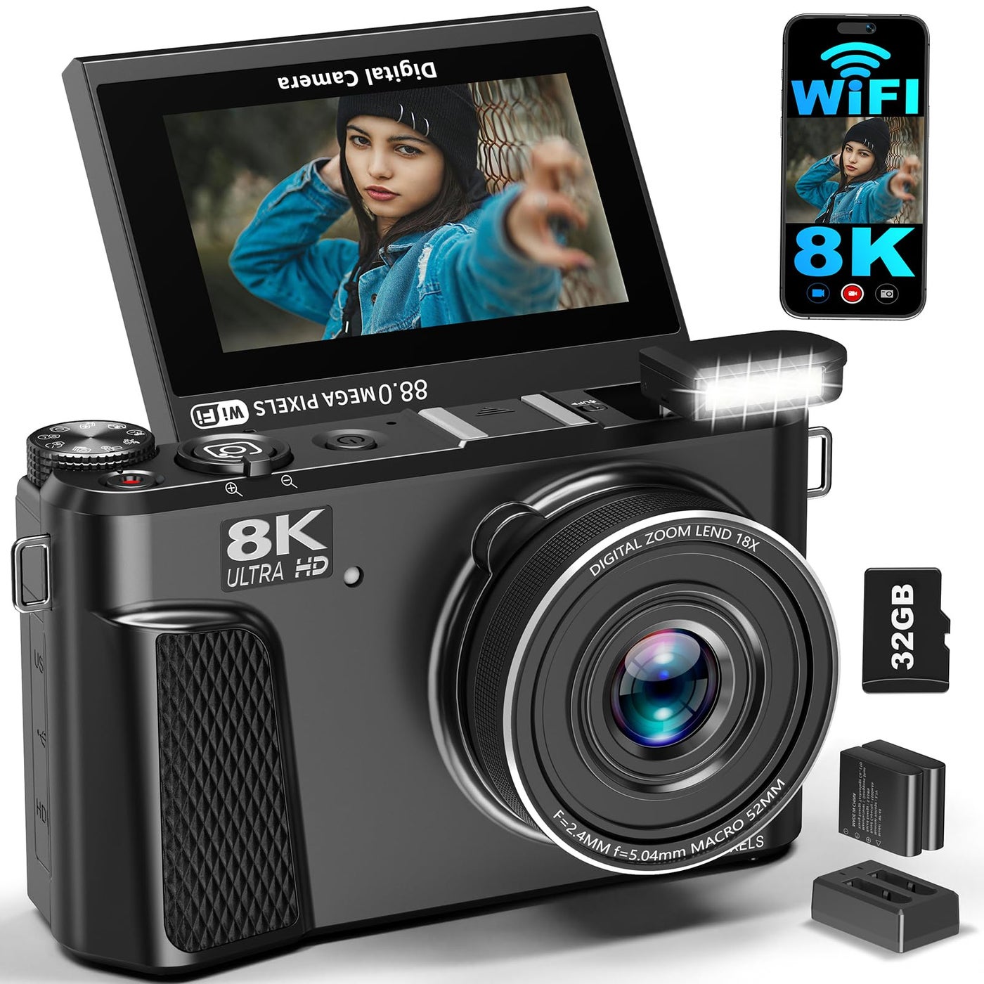 Compare 8K Digital Camera for Photography, 88MP WiFi Vlogging Camera for YouTube, 3 180Â°Flip Screen & 18X Digital Zoom Autofocus Vlog Cameras with Lens Cap, 32GB Card, 2 Batteries, Gunmetal at KSA Price
