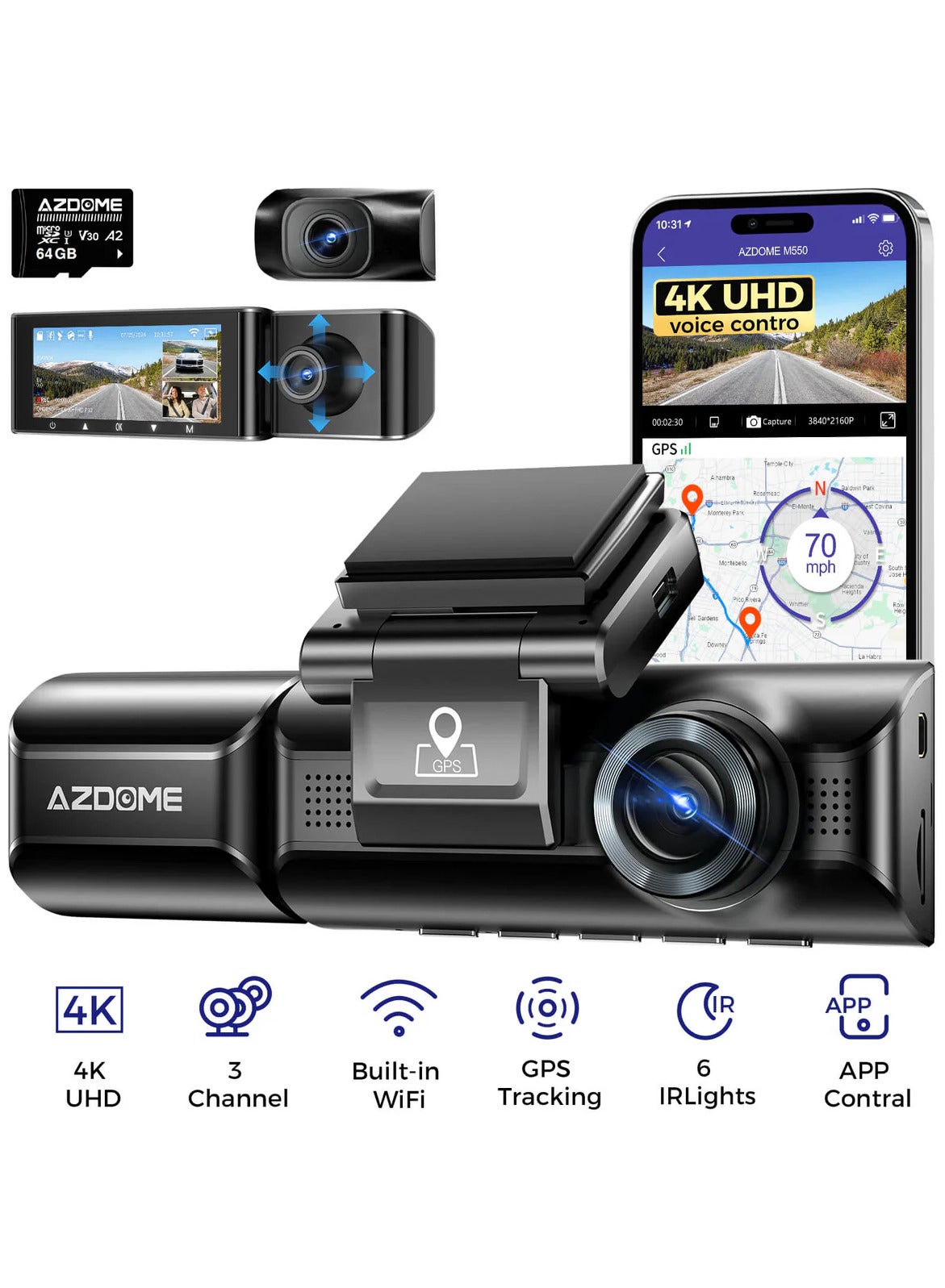 Compare AZDOME M550 3Lens Dash Cam 4K Ultra HD Front, 2.5K Rear, 1080P Interior – Builtin WiFi & GPS, Night Vision, 24Hour Parking Recording, Includes 64GB Card at KSA Price