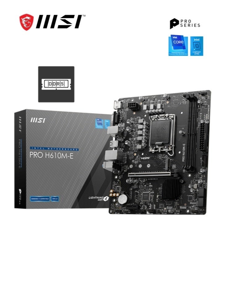 Compare PRO H610ME | DDR5 Motherboard, MicroATX | Supports Intel 12th Gen Core Processors | LGA 1700 DDR4 , PCIe 4.0 x16 slot | M.2 Gen3, USB 3.2 Gen1, 1G LAN, HDMI 1.4 & VGA | 9117D48075 at KSA Price