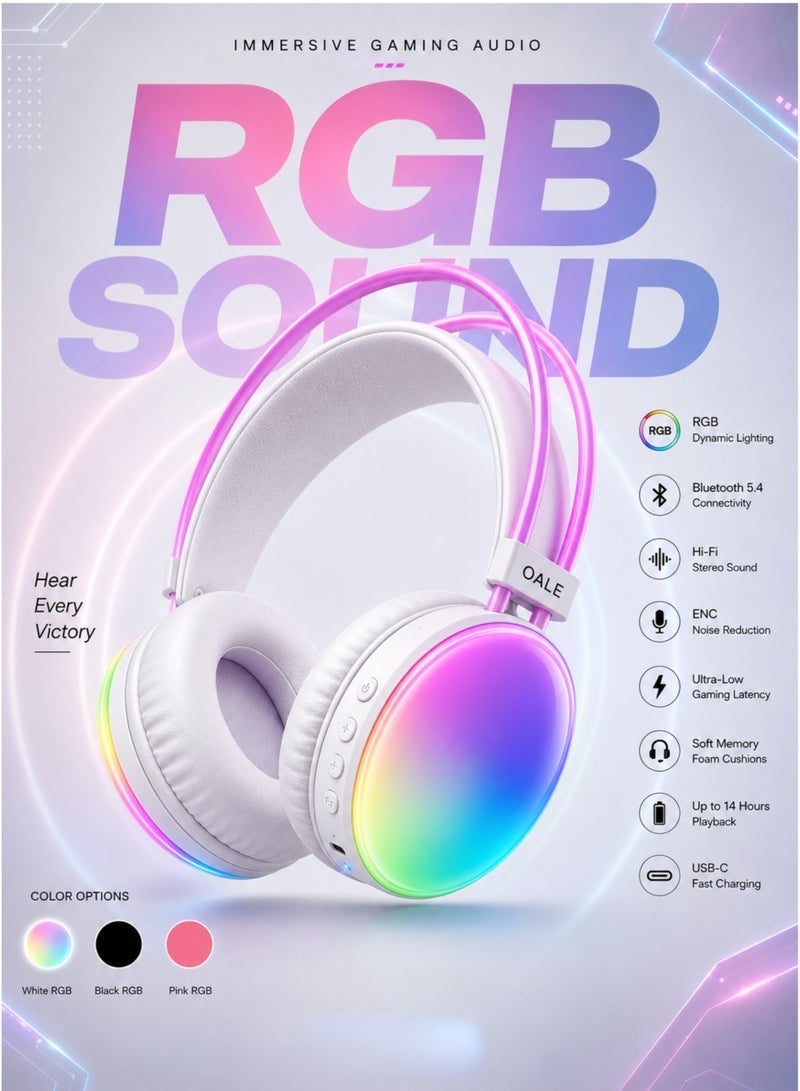 RGB Wireless Gaming Headphones, Bluetooth 5.4…