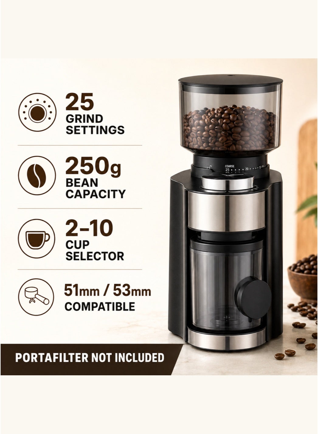 Compare Electric Burr Coffee Grinder, 250g Bean Hopper, 25 Adjustable Grind Settings, 2–10 Cup Selector, Removable Burr and Cleaning Brush, Compatible with 51mm53mm Portafilters – Portafilter Not Included at KSA Price