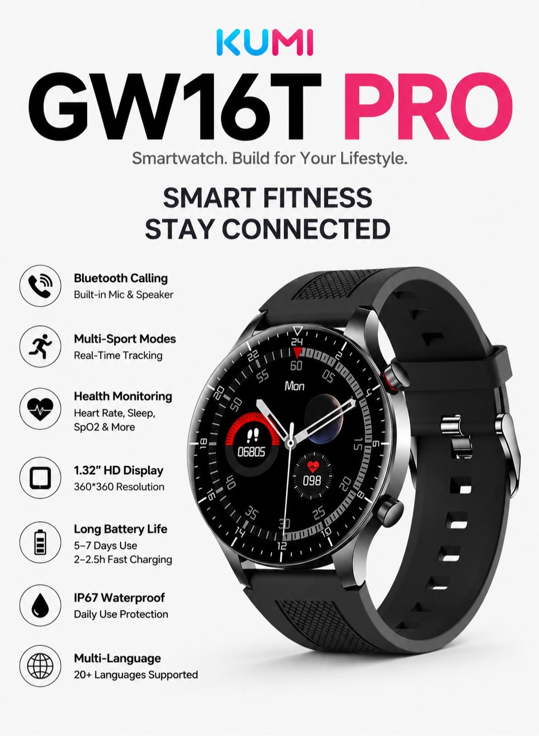 Compare GW16T Pro Full Touch Screen Men Watches Smart Watch Man Heart Rate Monitor IP68 Waterproof Woman Smartwatch for IOS Android Black dial at KSA Price
