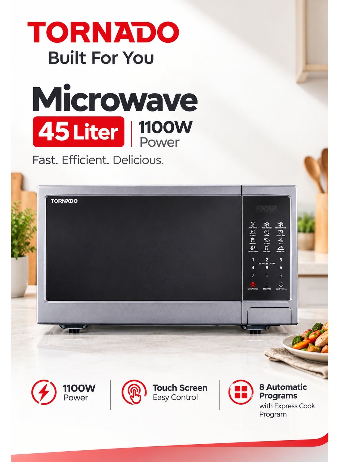 Compare 45 Liters TORNADO Digital Microwave Oven 1100W, Mirror Glass Door, Heavy Duty, Silver  TMDS45SA  1Year Free Warranty at KSA Price