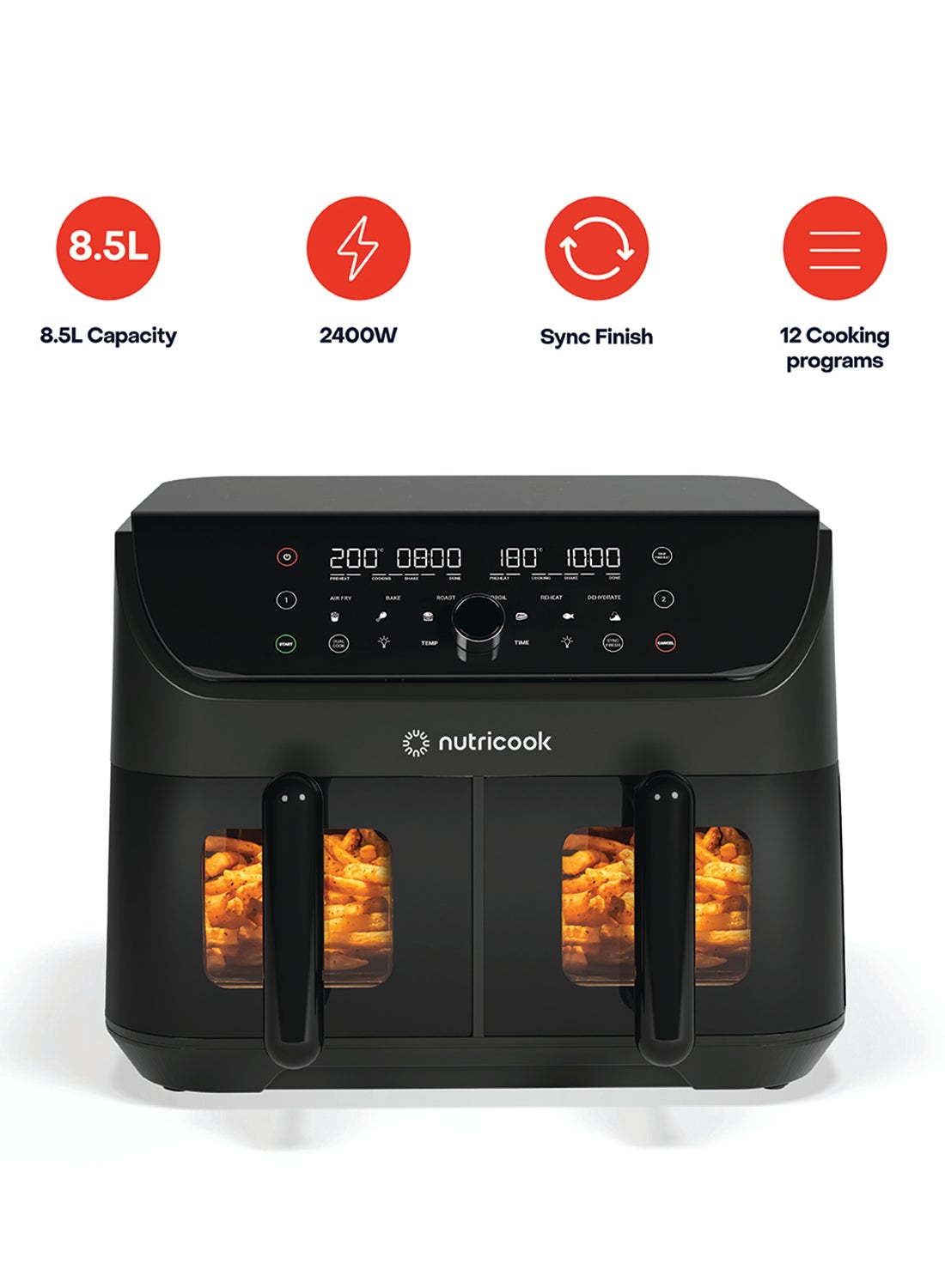 Compare nutricook Digital Air Fryer Duo Vision,8.5L Capacity with Clear Window & Internal Light, Independently Controlled Dual Baskets,6 Presets, Air Fry, Bake, Roast,Broil,Reheat&Dehydrate, 2 Years Warranty 8.5 L 2400 W NCAFD185V Black 8.5 L 2400 W NCAFD185V Black at KSA Price